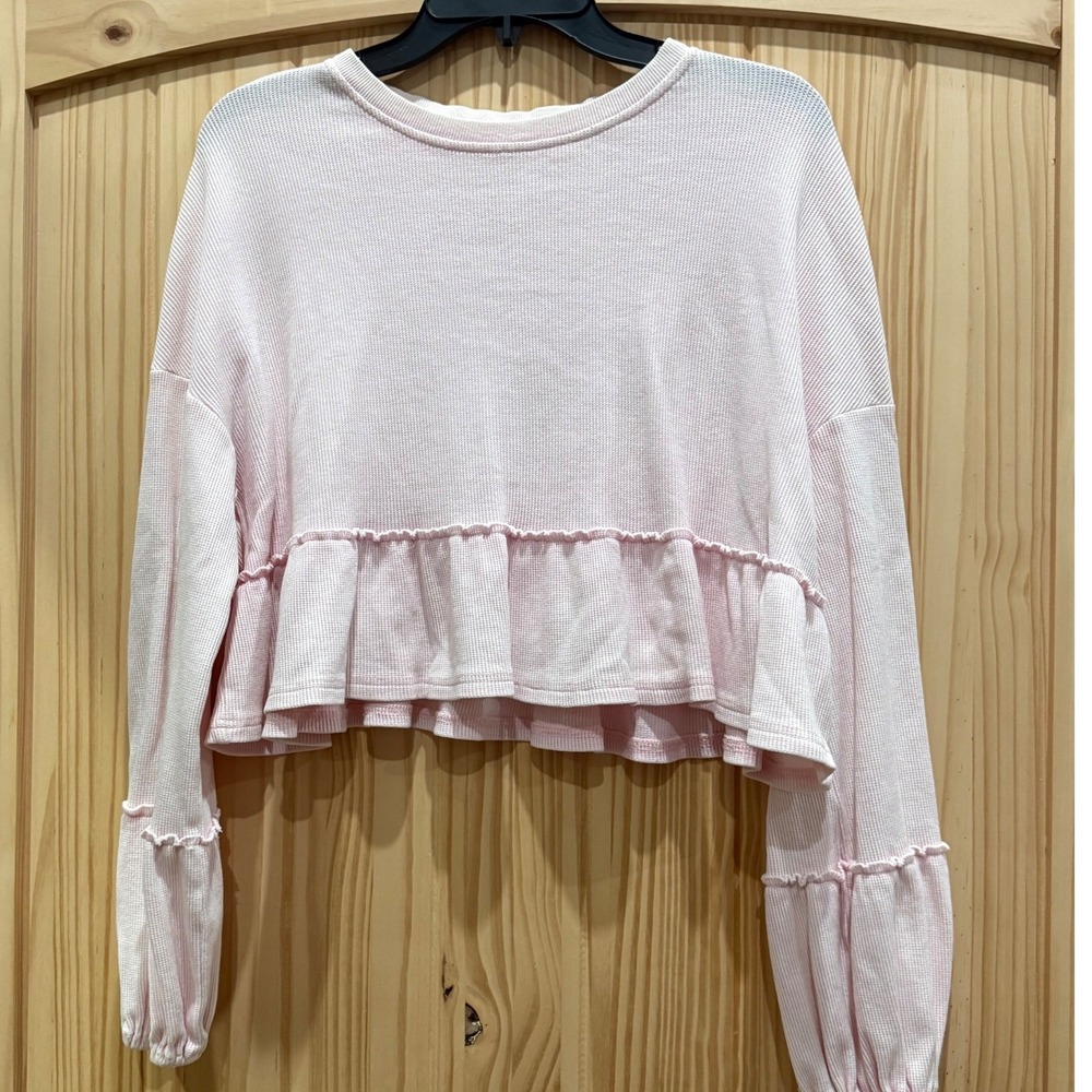 Altar'd State Pink Waffle Knit Ruffle Hem Cropped Thermal Top KT1424 Small